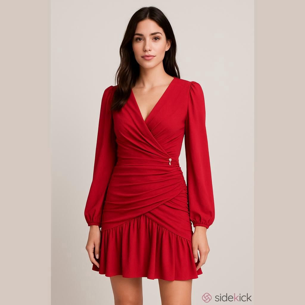 Jill Stuart Shirred Blouson-Sleeve Faux-Wrap Dress - New Flawed